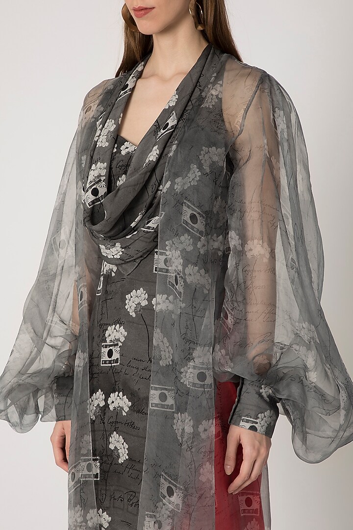 Grey Printed Cowl Top With Cape & Red Dhoti Pants by Masaba at Pernia's Pop Up Shop