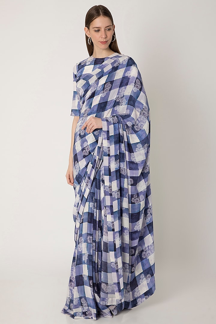 Blue Checkered Printed Saree Set by Masaba