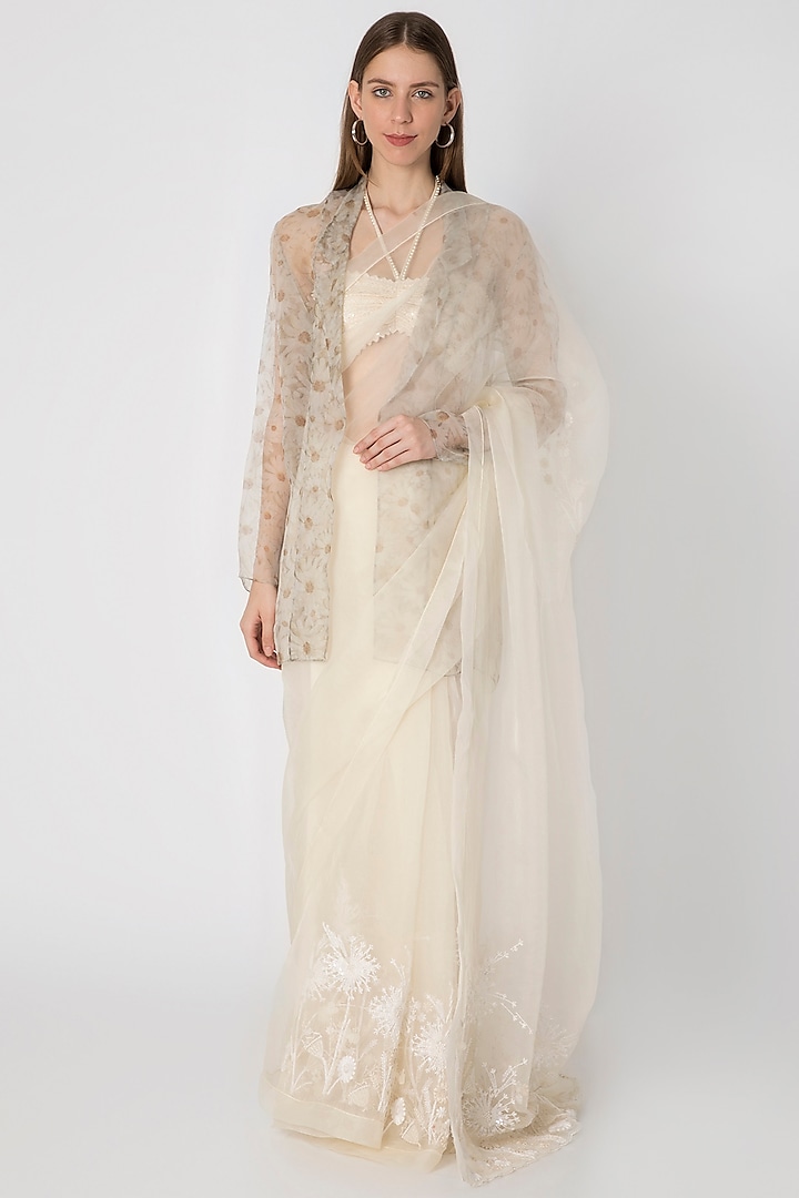 Ivory Embroidered Saree Set With Printed Jacket by Masaba