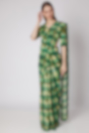 Green Digital Printed Checkered Saree Set by Masaba