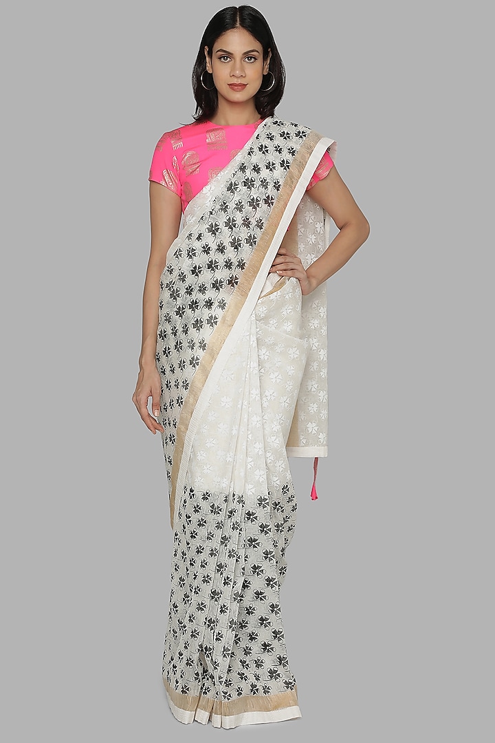 White & Black Foil Printed Saree Set by Masaba at Pernia's Pop Up Shop