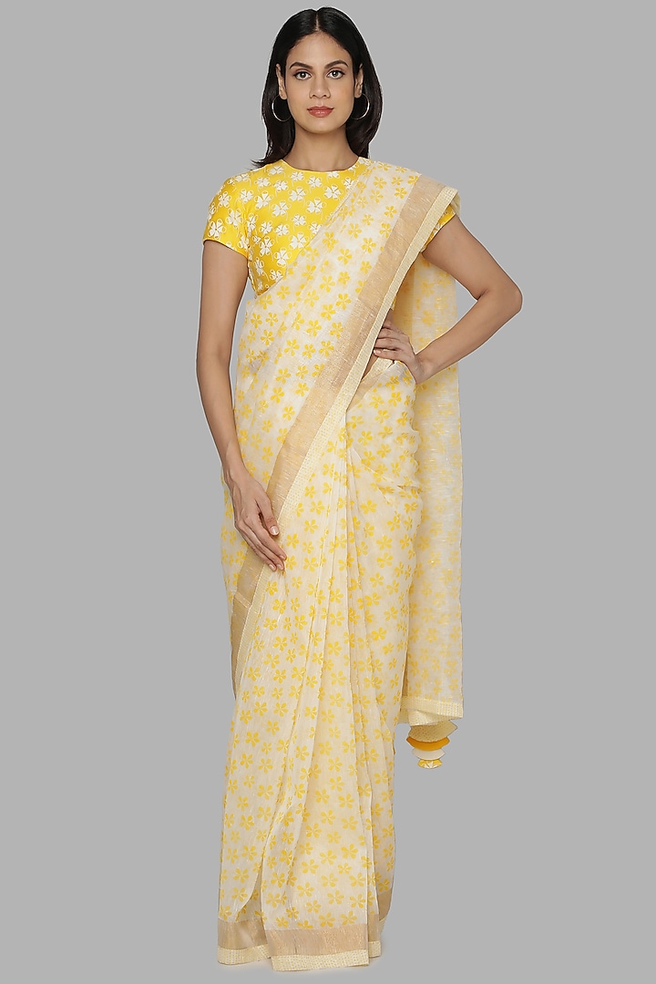Ivory & Yellow Banarasi Saree Set by Masaba