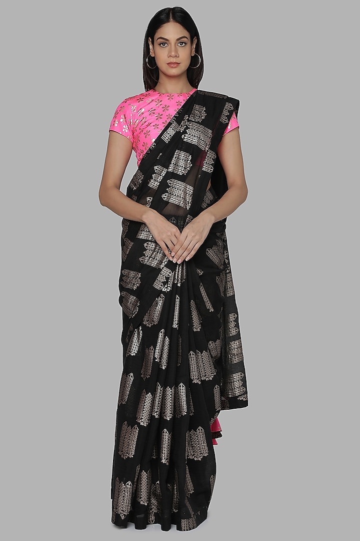 Black & Pink Printed Saree Set by Masaba