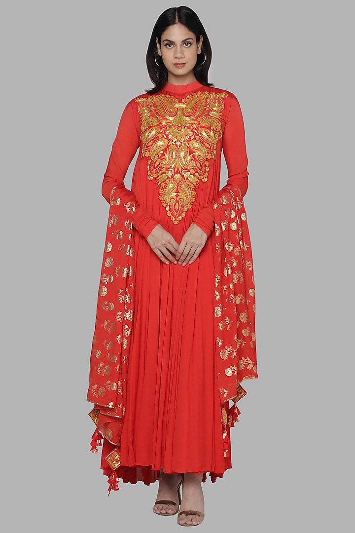 Red Embroidered Anarkali Set by Masaba