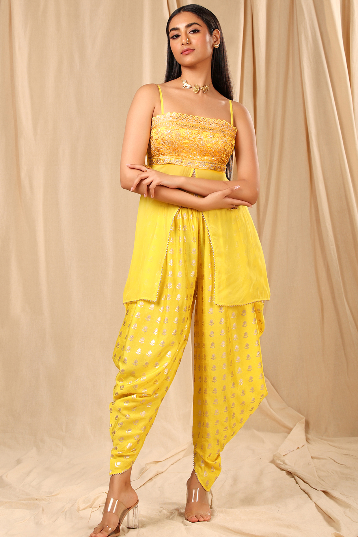Lemon Yellow Printed Dhoti Set by Masaba at Pernia's Pop Up Shop