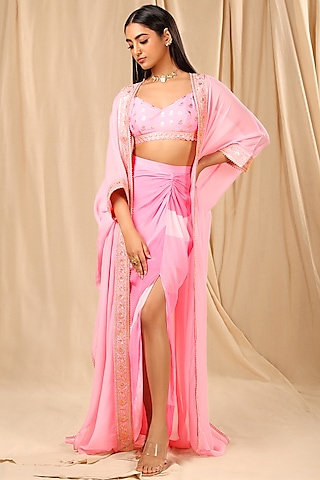 Candy Pink Organza Embroidered Cape Set by Masaba
