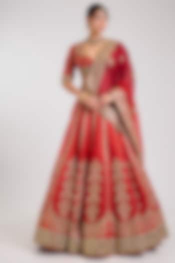 Red Raw Silk & Silk Organza Embellished Bridal Lehenga Set by Masaba at Pernia's Pop Up Shop