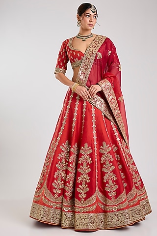 Red Raw Silk & Silk Organza Embellished Lehenga Set by Masaba