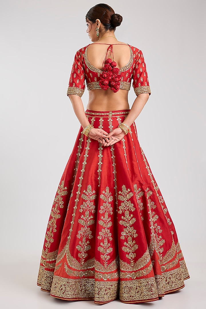 Red Raw Silk & Silk Organza Embellished Bridal Lehenga Set by Masaba at Pernia's Pop Up Shop