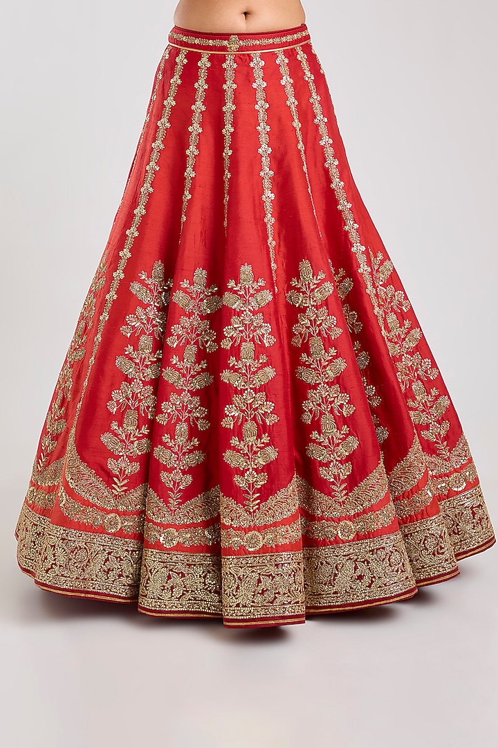 Red Raw Silk & Silk Organza Embellished Bridal Lehenga Set by Masaba at Pernia's Pop Up Shop