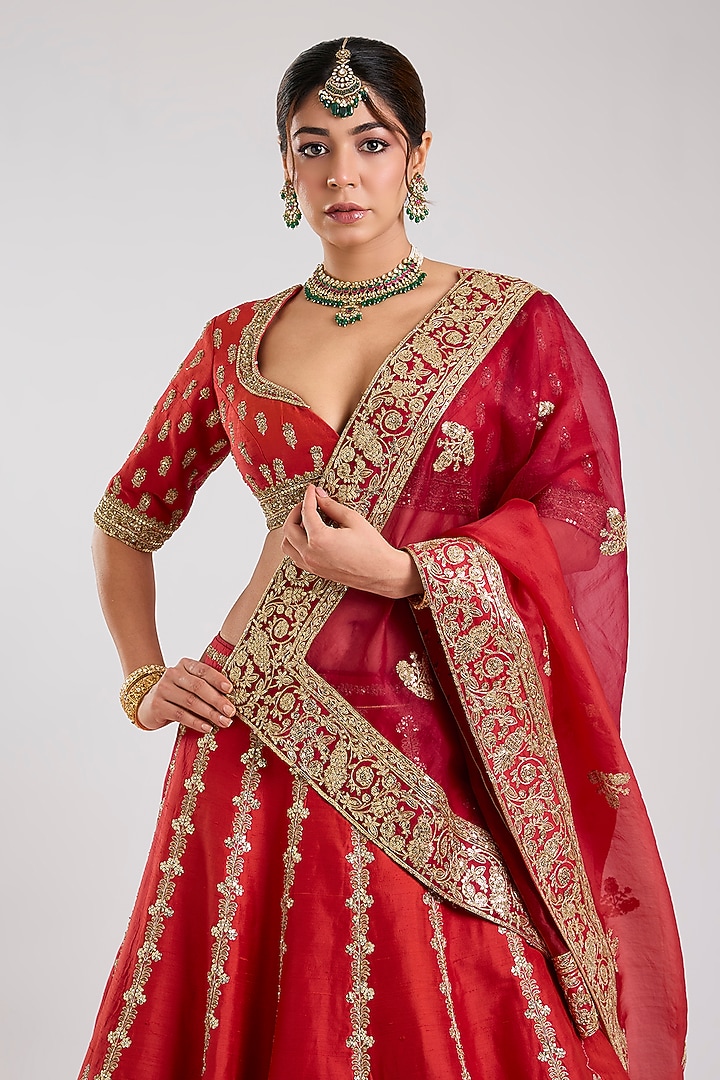 Red Raw Silk & Silk Organza Embellished Bridal Lehenga Set by Masaba at Pernia's Pop Up Shop