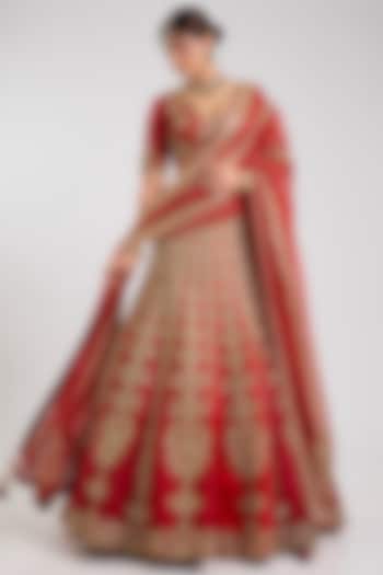 Red Raw Silk & Silk Organza Embellished Bridal Lehenga Set by Masaba at Pernia's Pop Up Shop