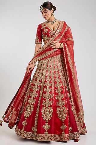 Red Raw Silk & Silk Organza Embellished Lehenga Set by Masaba