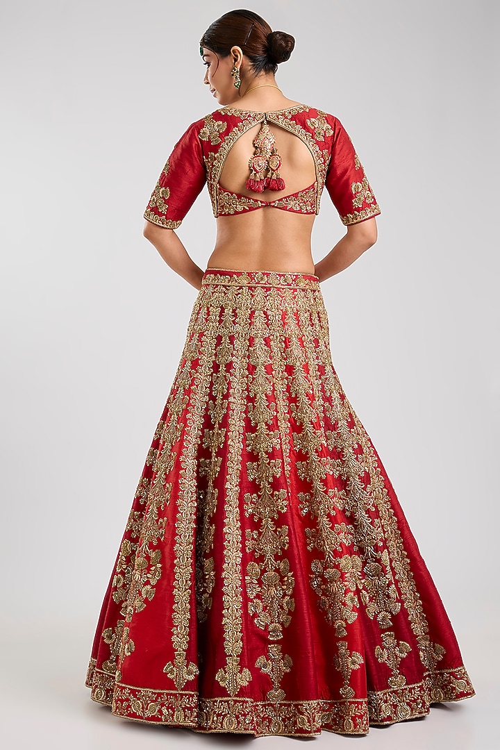 Red Raw Silk & Silk Organza Embellished Bridal Lehenga Set by Masaba at Pernia's Pop Up Shop