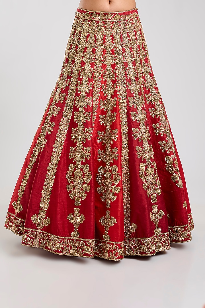 Red Raw Silk & Silk Organza Embellished Bridal Lehenga Set by Masaba at Pernia's Pop Up Shop