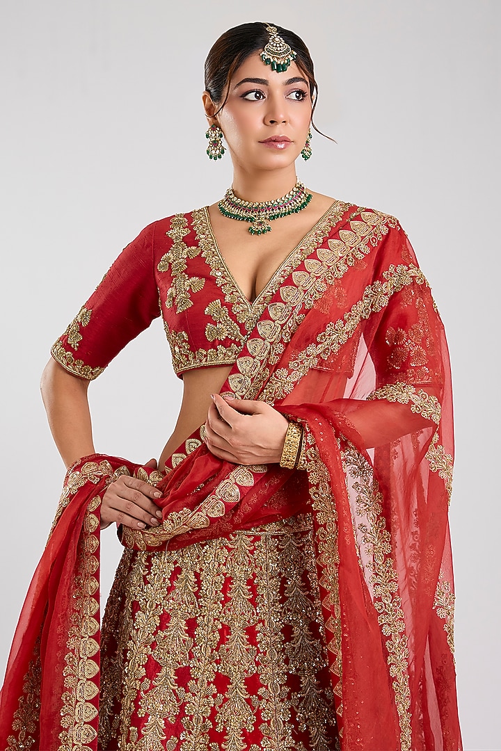Red Raw Silk & Silk Organza Embellished Bridal Lehenga Set by Masaba at Pernia's Pop Up Shop