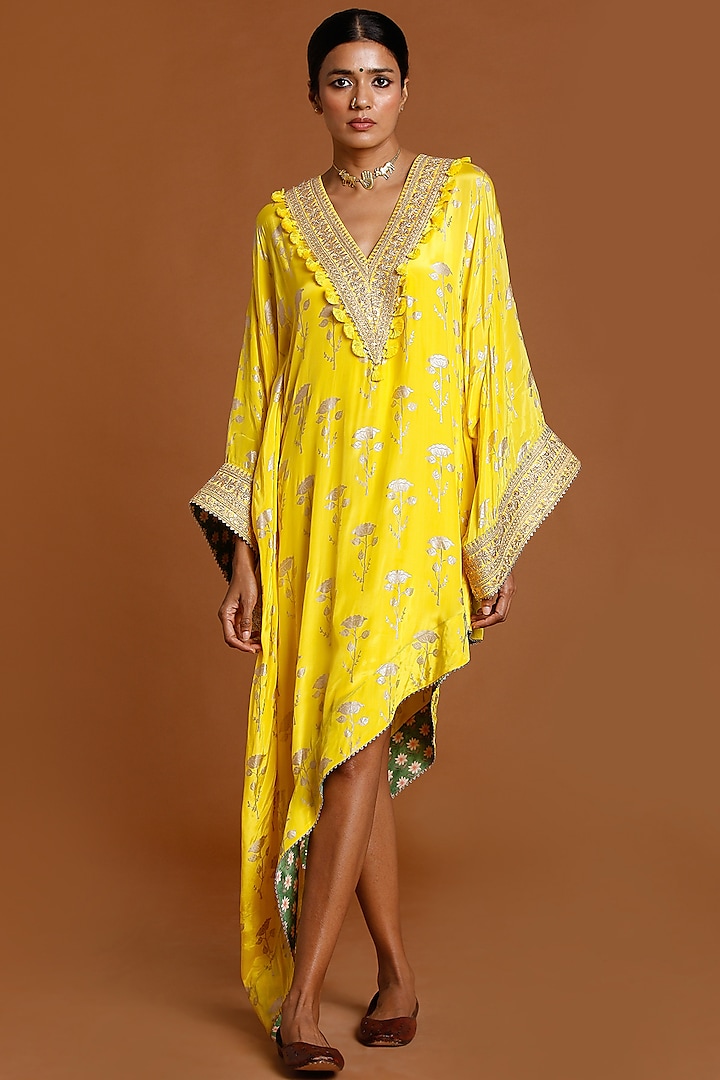 Lemon Yellow Embellished Asymmetrical Kaftan Design by Masaba at Pernia ...