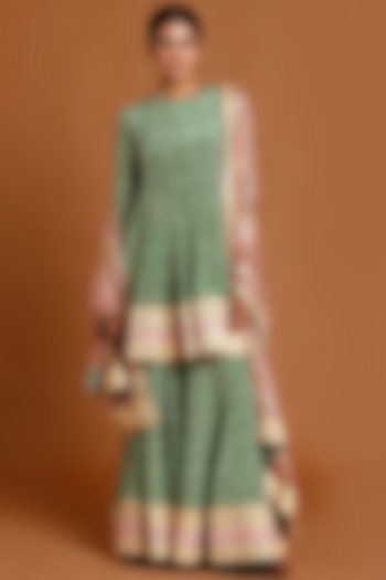 Dark Mint & Dusty Pink Gold Foil Short Anarkali Set by Masaba at Pernia's Pop Up Shop