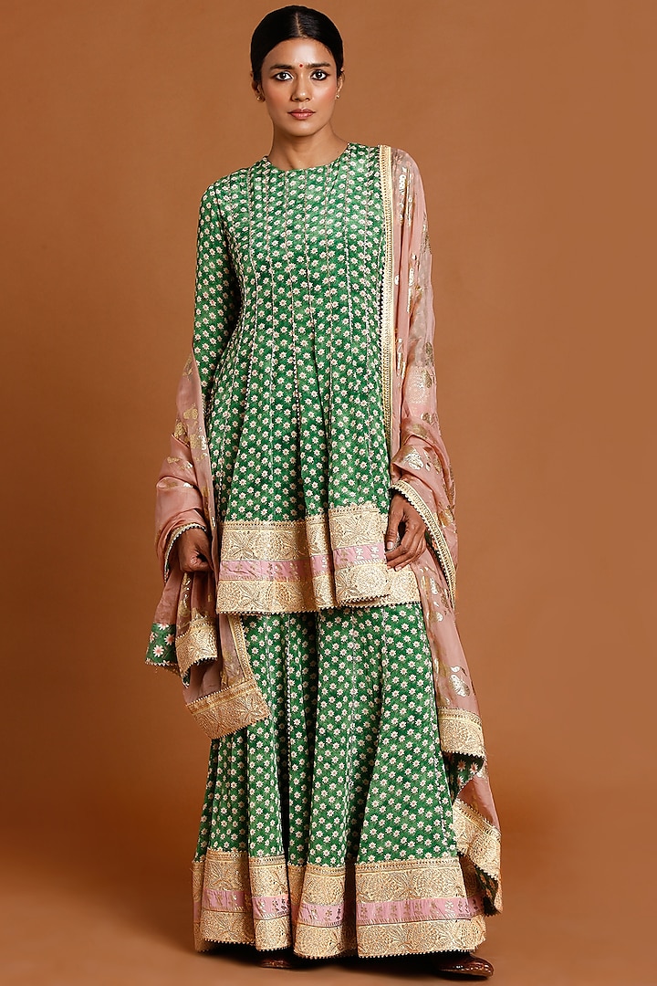 Dark Mint & Dusty Pink Gold Foil Short Anarkali Set by Masaba at Pernia's Pop Up Shop