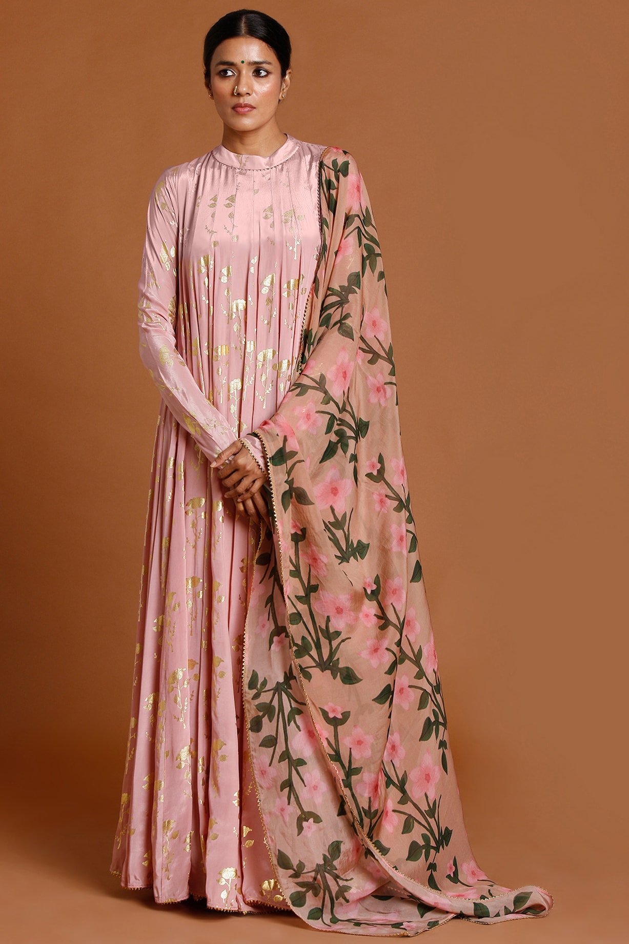Blush Pink Pure Crepe Floral Embroidered Anarkali Set main image 0