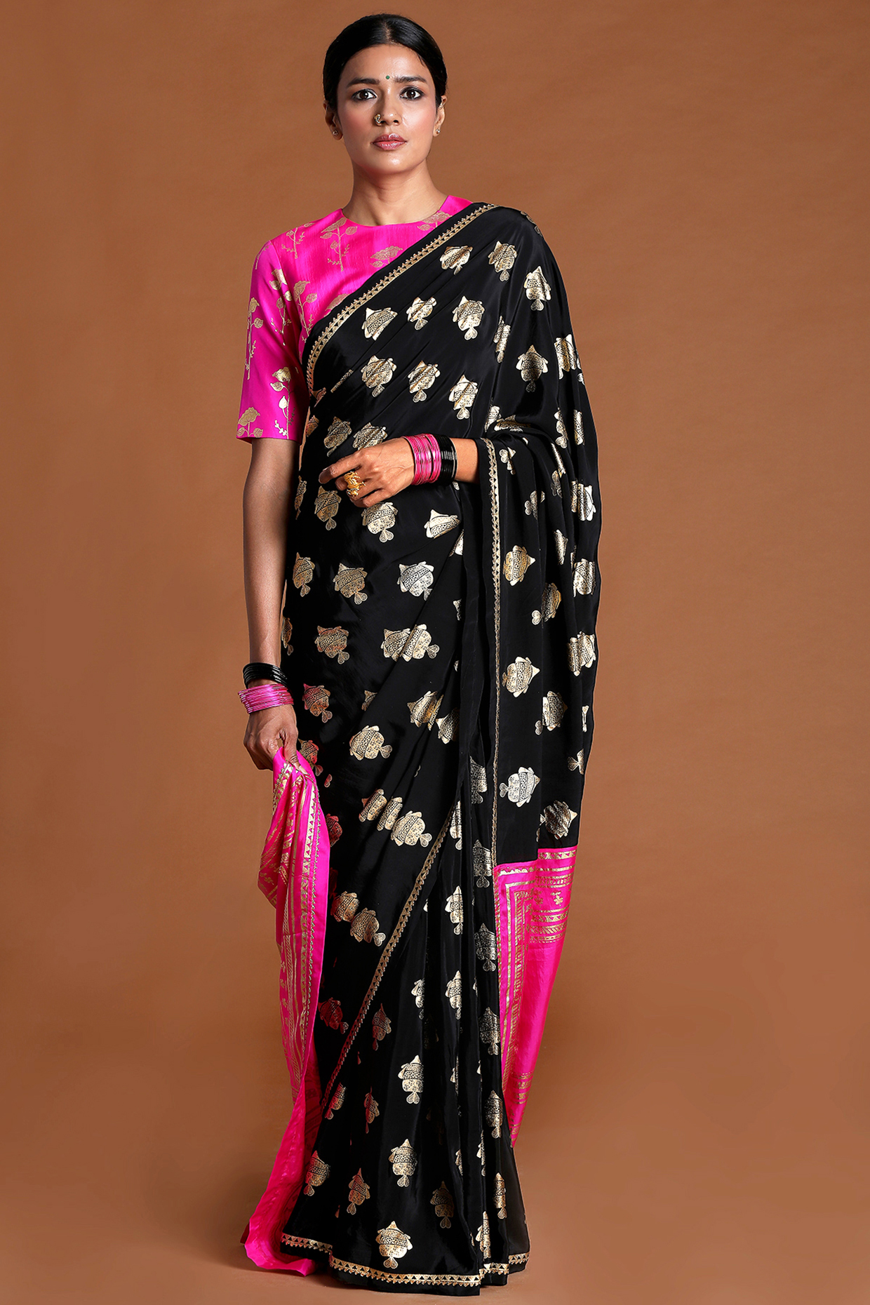 Black Silk Foil Printed Saree by Masaba