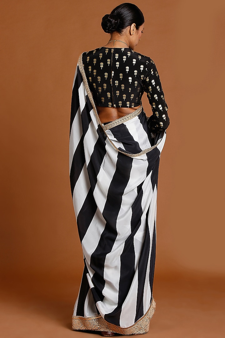 Black & Ivory Crepe Foil Printed Party Wear Saree Set by Masaba at Pernia's Pop Up Shop