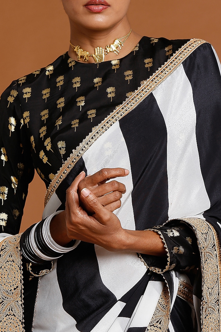 Black & Ivory Crepe Foil Printed Party Wear Saree Set by Masaba at Pernia's Pop Up Shop