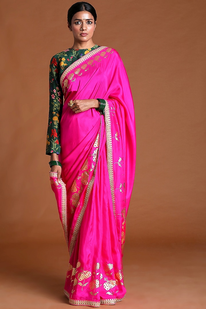 Hot Pink Printed Saree  by Masaba