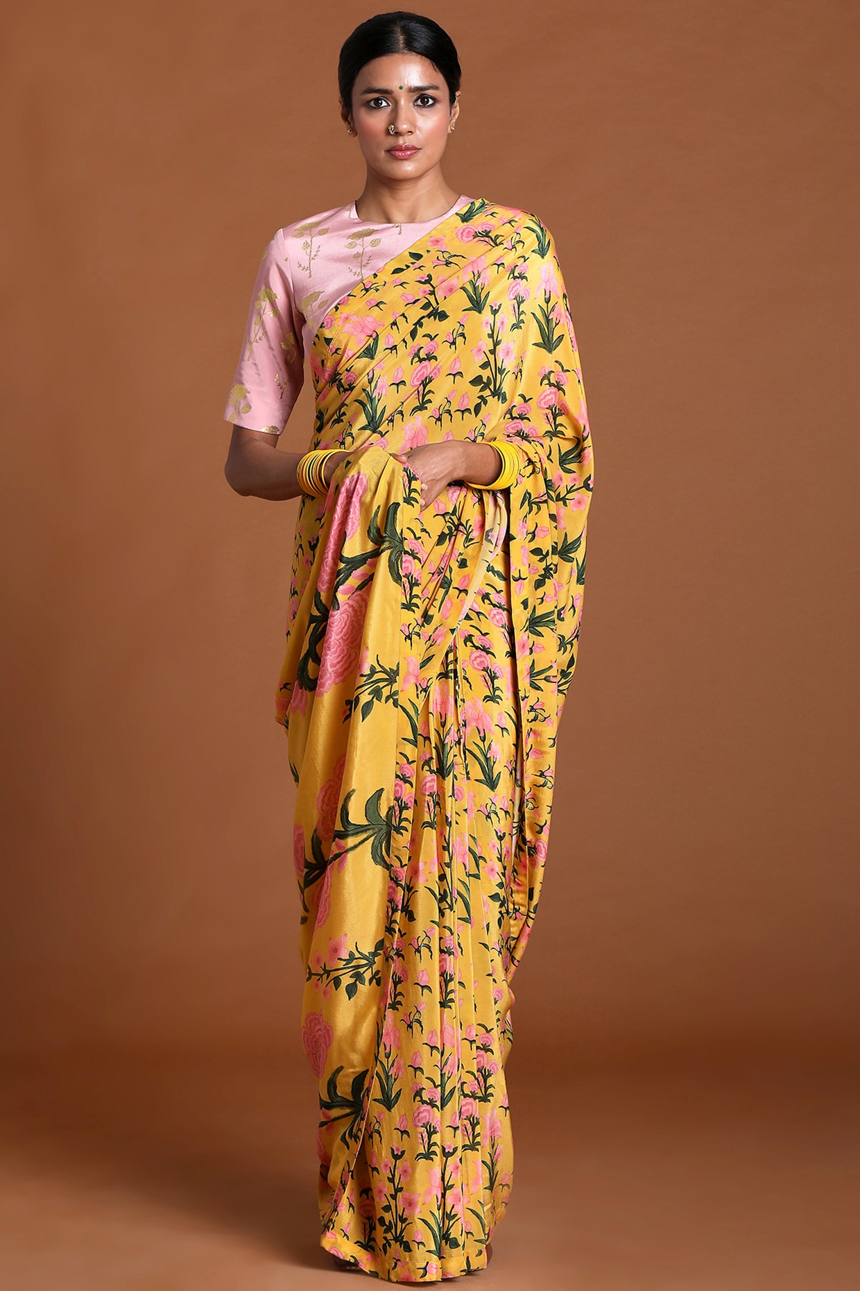 Yellow Floral Crepe Saree With Scallop Mirror Work – Label Madhuri Thakkar