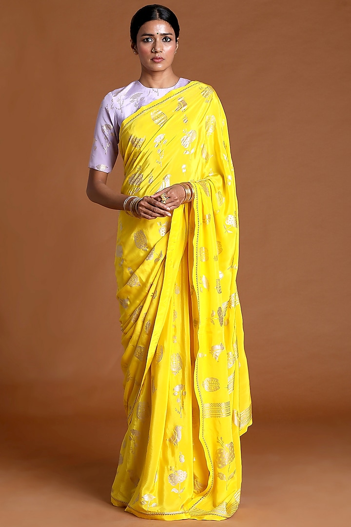 Lemon Yellow Printed Saree  by Masaba