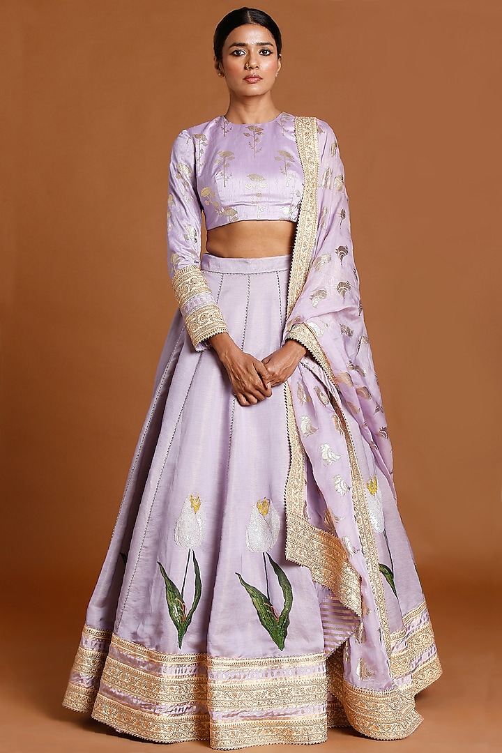 Lilac Printed & Embroidered Lehenga Set by Masaba