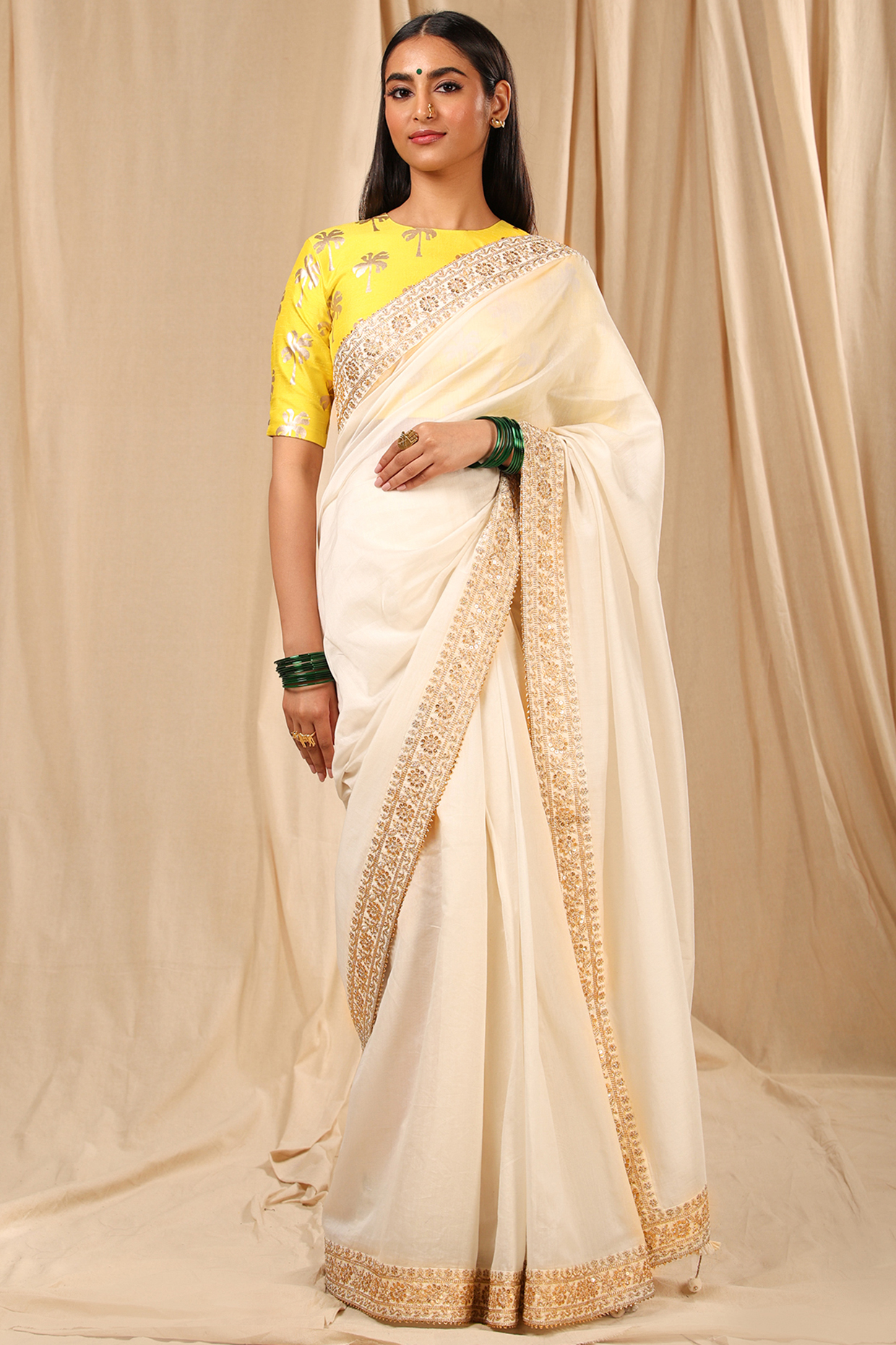 Ivory Chanderi Silk Party Wear Saree Set by Masaba at Pernia's Pop Up Shop