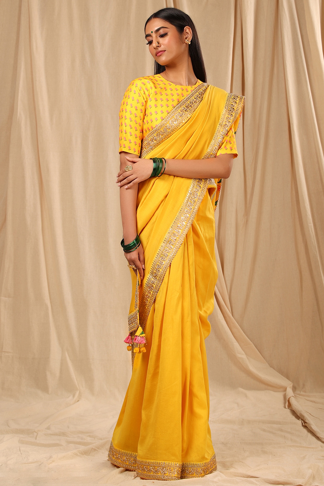 Vishal Prints Olive Yellow Designer Fancy Chiffon Saree With Foil Prin