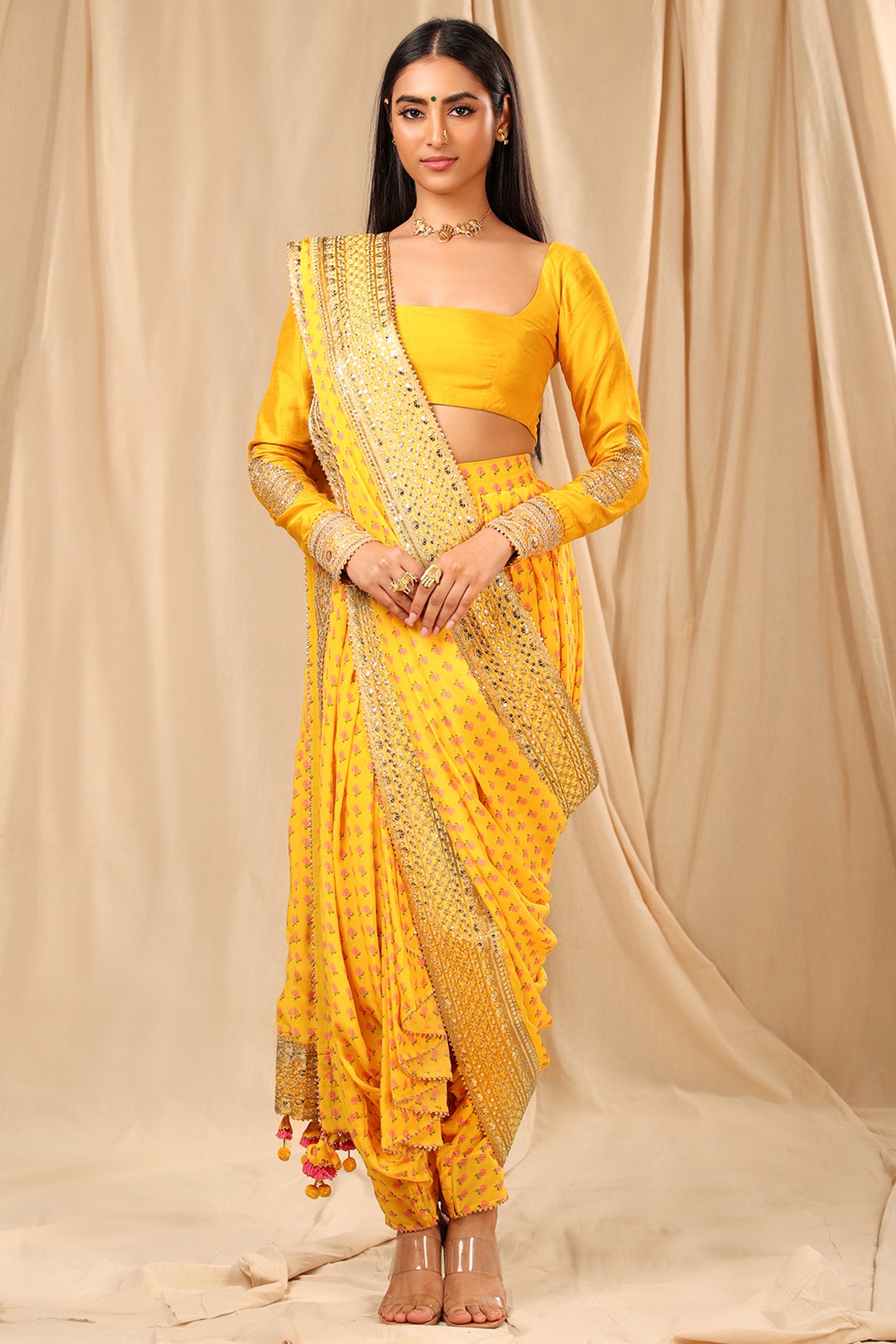 Priti Sahni Designs - Ruffled Dhoti Saree Bright yellow ruffled draped dhoti  saree with simple zipper fastening for those who want wear a saree and set  the dance floor on fire without