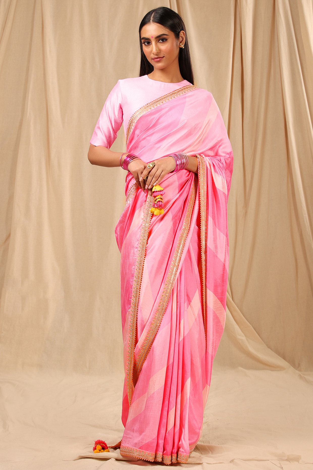 Pink Raw Silk Party Wear Saree Set by Masaba at Pernia's Pop Up Shop
