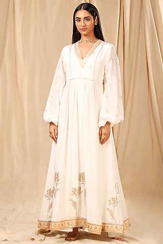 Ivory Viscose Crepe Embroidered & Printed Kurta Dress by Masaba