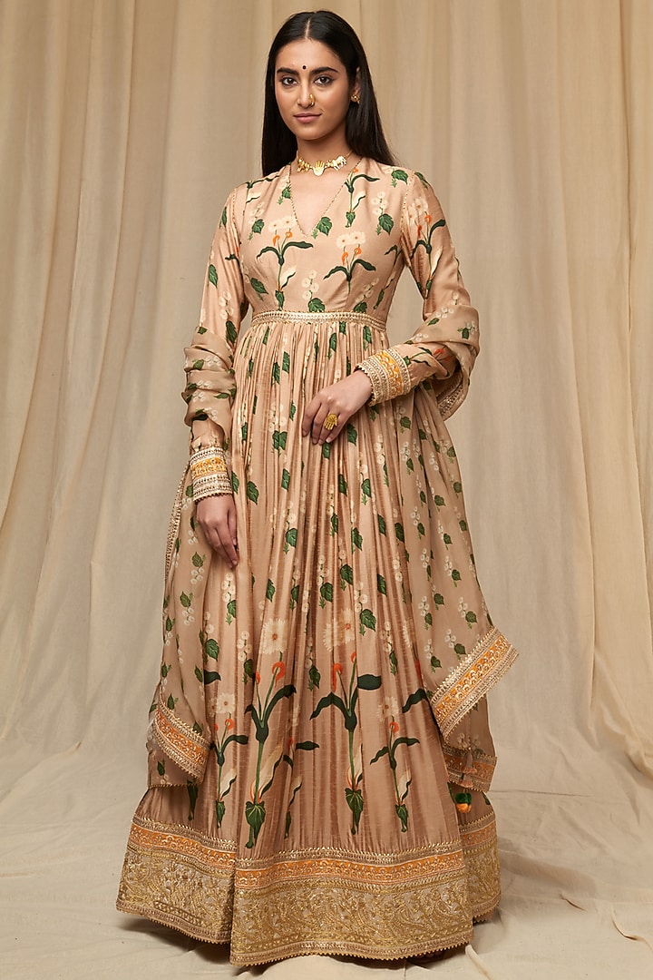 Oatmeal Embroidered & Printed Wedding Anarkali Set by Masaba at Pernia's Pop Up Shop
