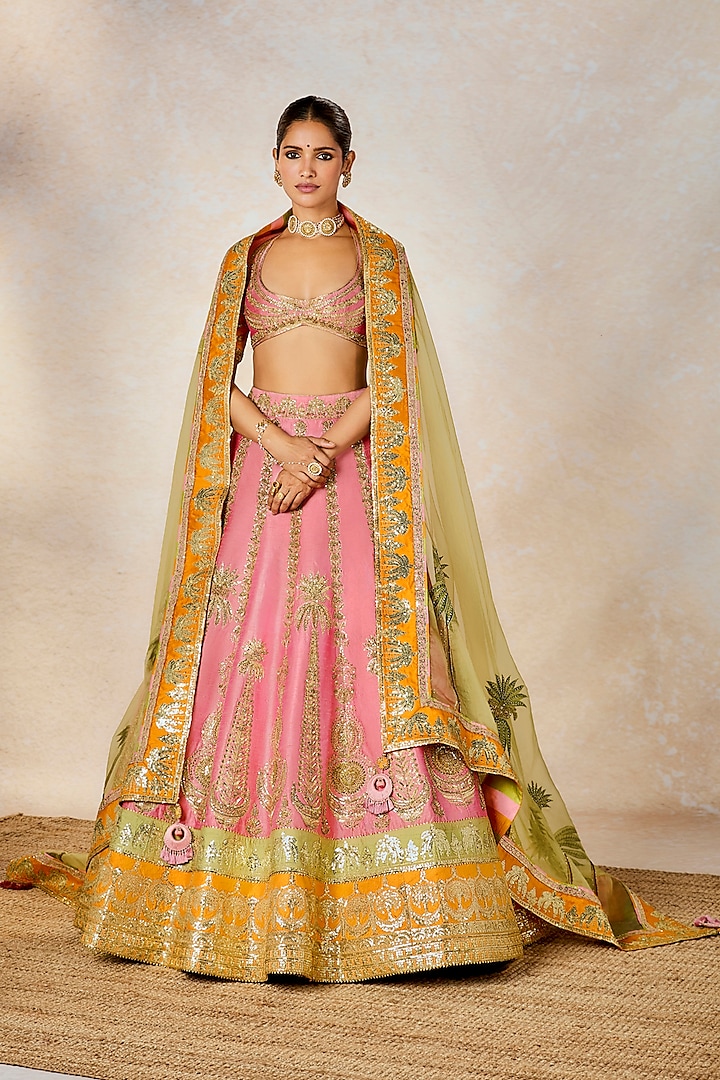 Dusty Pink Raw Silk Motif & Moti Embroidered Bridal Lehenga Set by Masaba at Pernia's Pop Up Shop