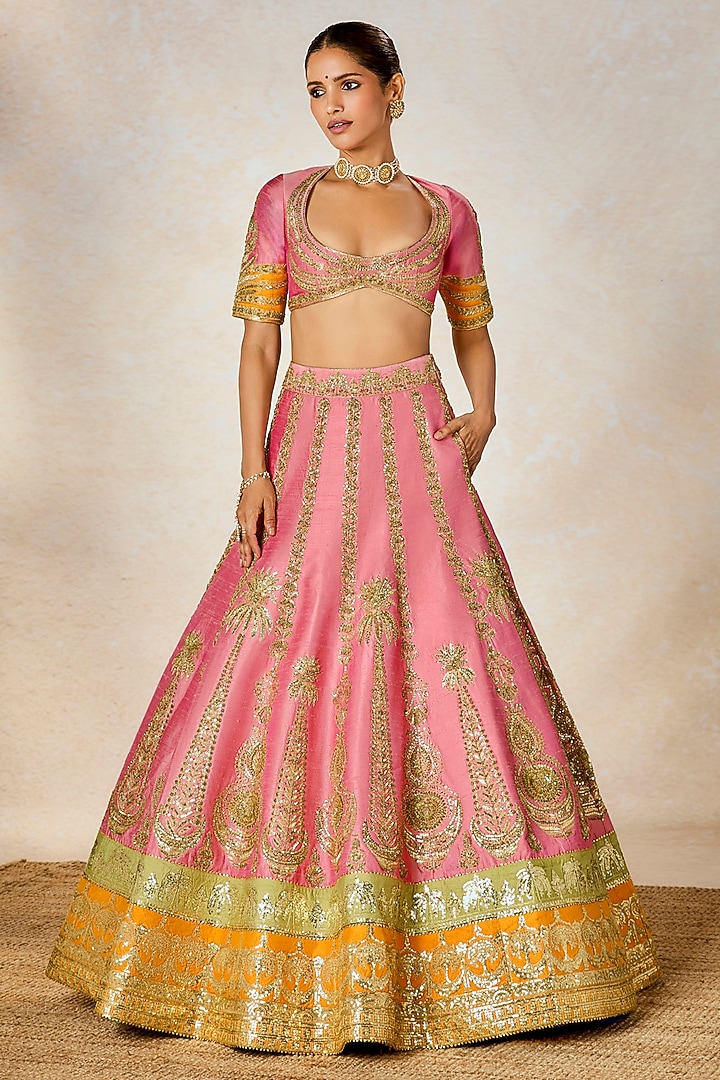 Dusty Pink Raw Silk Motif & Moti Embroidered Bridal Lehenga Set by Masaba at Pernia's Pop Up Shop