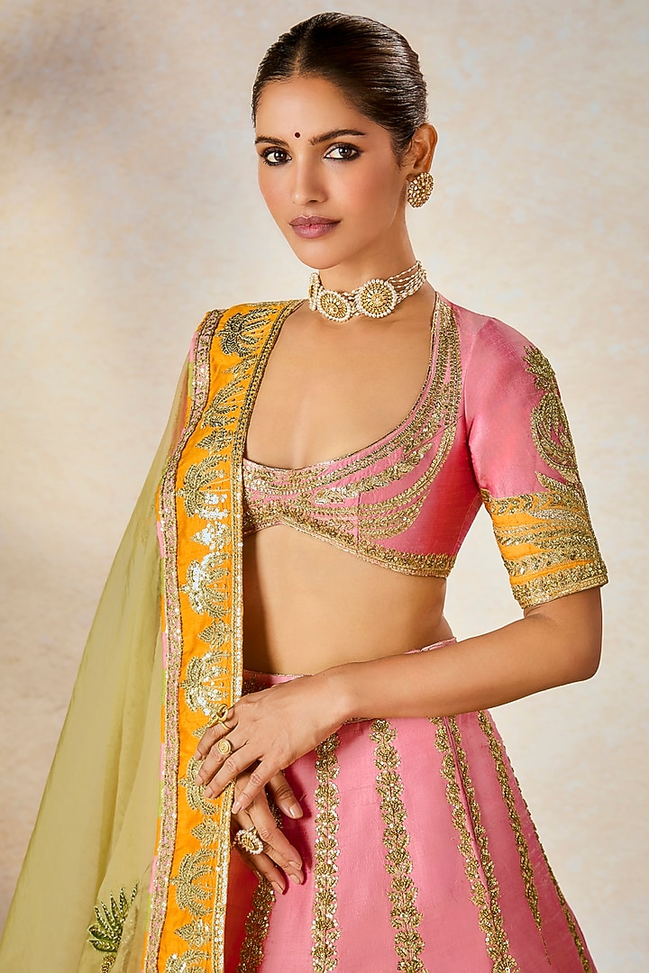 Dusty Pink Raw Silk Motif & Moti Embroidered Bridal Lehenga Set by Masaba at Pernia's Pop Up Shop