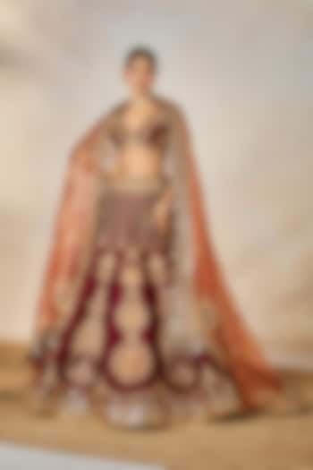 Wine Raw Silk Thread & Bead Embroidered Bridal Lehenga Set by Masaba at Pernia's Pop Up Shop