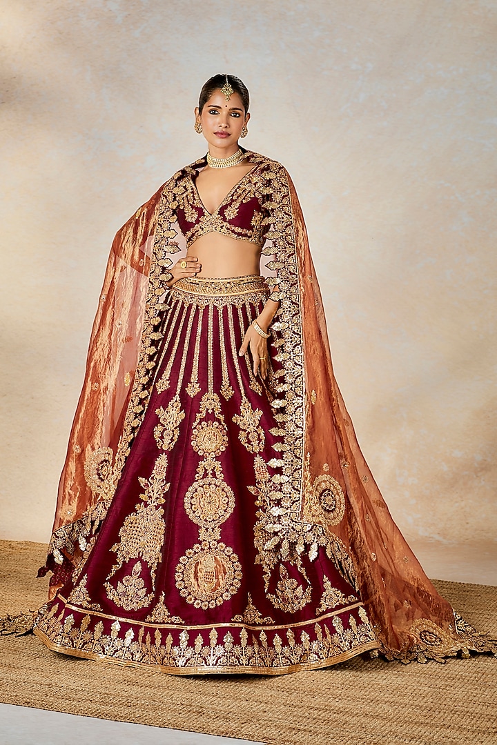 Wine Raw Silk Thread & Bead Embroidered Bridal Lehenga Set by Masaba at Pernia's Pop Up Shop