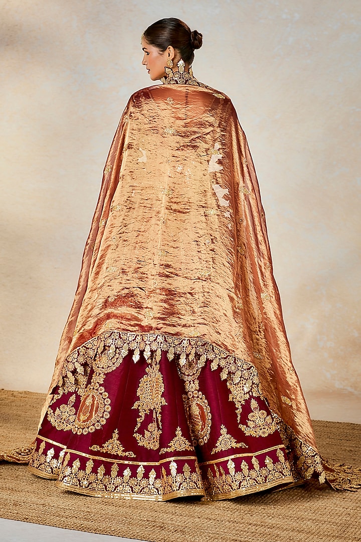 Wine Raw Silk Thread & Bead Embroidered Bridal Lehenga Set by Masaba at Pernia's Pop Up Shop