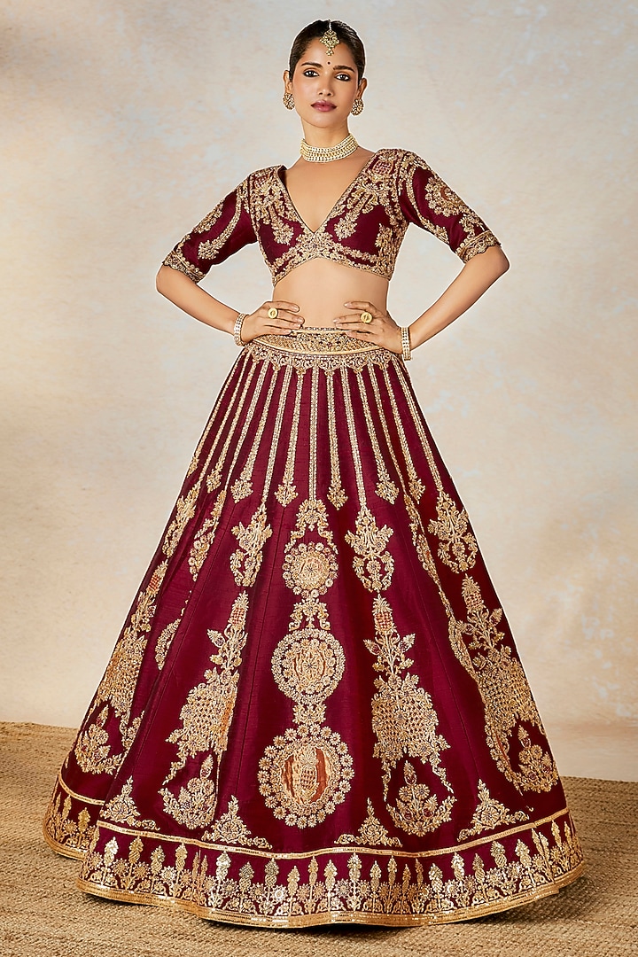 Wine Raw Silk Thread & Bead Embroidered Bridal Lehenga Set by Masaba at Pernia's Pop Up Shop