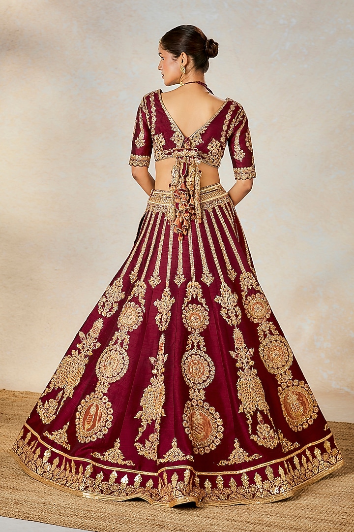 Wine Raw Silk Thread & Bead Embroidered Bridal Lehenga Set by Masaba at Pernia's Pop Up Shop