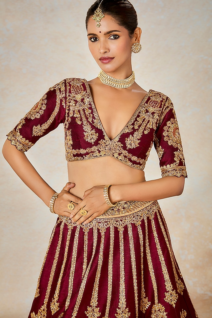 Wine Raw Silk Thread & Bead Embroidered Bridal Lehenga Set by Masaba at Pernia's Pop Up Shop