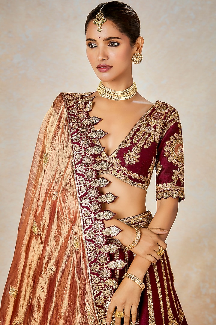 Wine Raw Silk Thread & Bead Embroidered Bridal Lehenga Set by Masaba at Pernia's Pop Up Shop