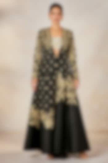 Black Raw Silk Zardosi & Moti Embroidered Jacket Set by Masaba at Pernia's Pop Up Shop