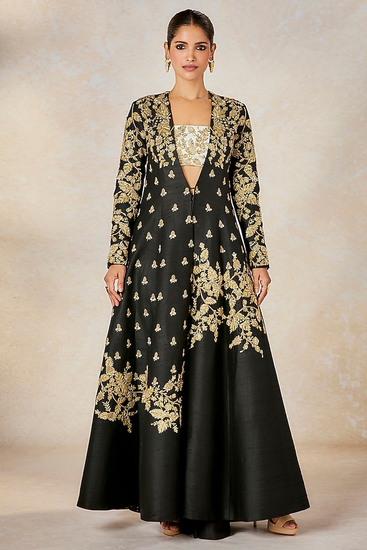 Black Raw Silk Zardosi & Moti Embroidered Jacket Set by Masaba at Pernia's Pop Up Shop