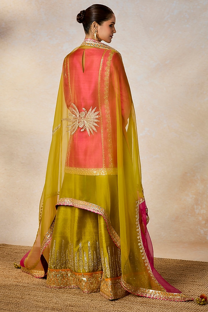 Rani Pink Raw Silk Zardosi Embroidered Color-Blocked Kurta Set by Masaba at Pernia's Pop Up Shop